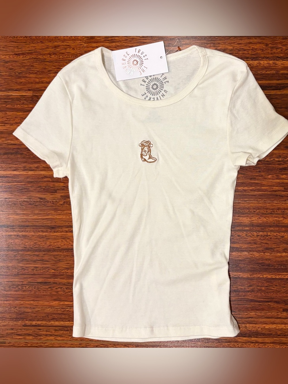 NWT Trust The Universe Cowgirl Baby Tee white embroidered Medium